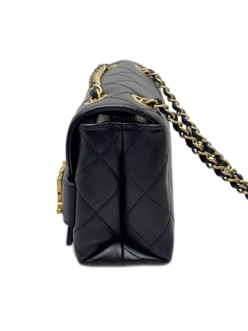 Chanel Shoulder Bag Quilted Logo Chain Black Gold Lambskin